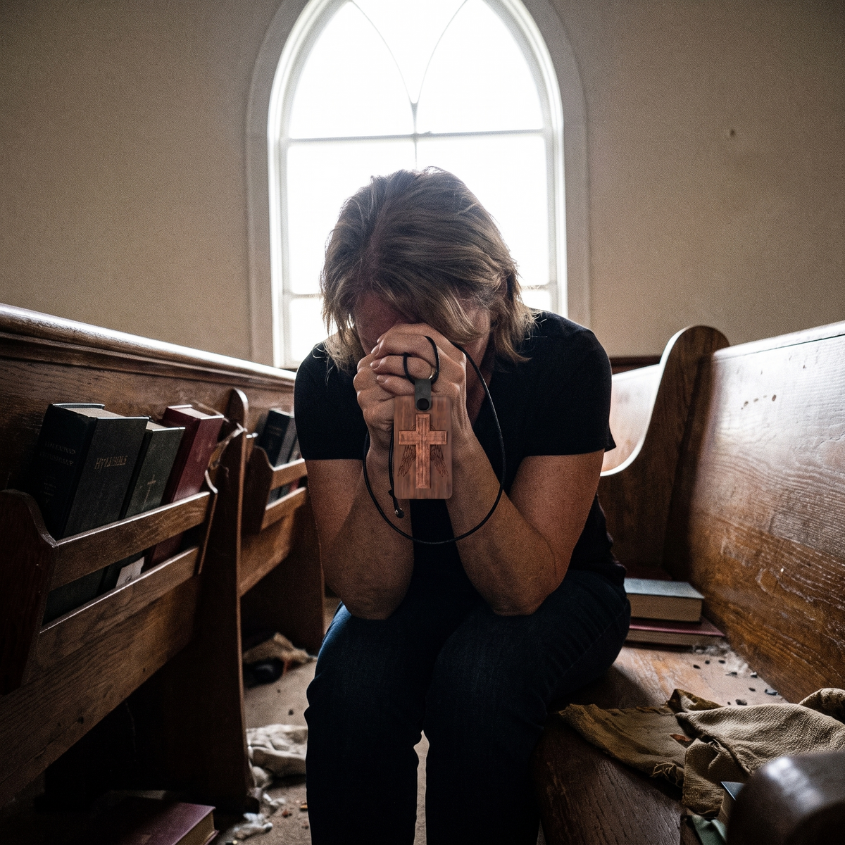 The Promise Cross on a nightstand beside an open Bible