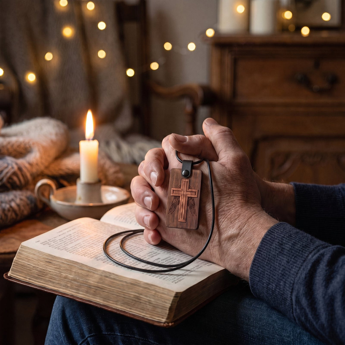 Hands folded in prayer wearing a Promise Cross